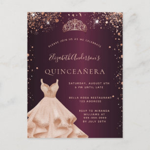 Quinceanera burgundy rose gold sparkles dress invitation postcard