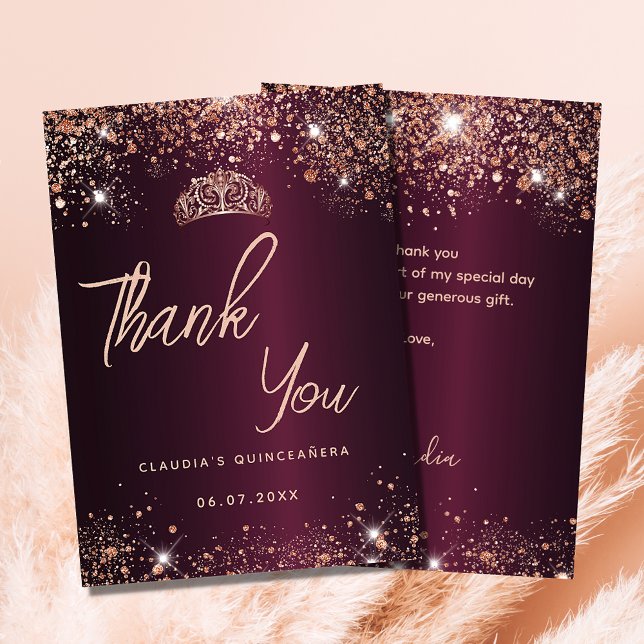 Quinceanera burgundy rose gold thank you card (Creator Uploaded)