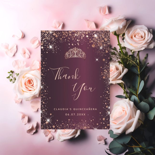 Quinceanera burgundy rose gold thank you card (Creator Uploaded)