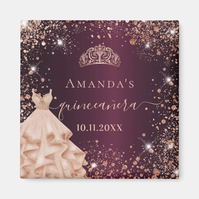 Quinceanera burgundy rose gold tiara dress name magnet (Front)