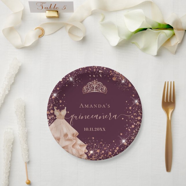 Quinceanera burgundy rose gold tiara dress name paper plate (Wedding)