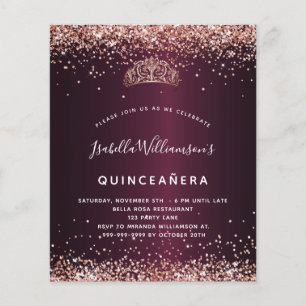 Quinceanera burgundy rose gold tiara invitation