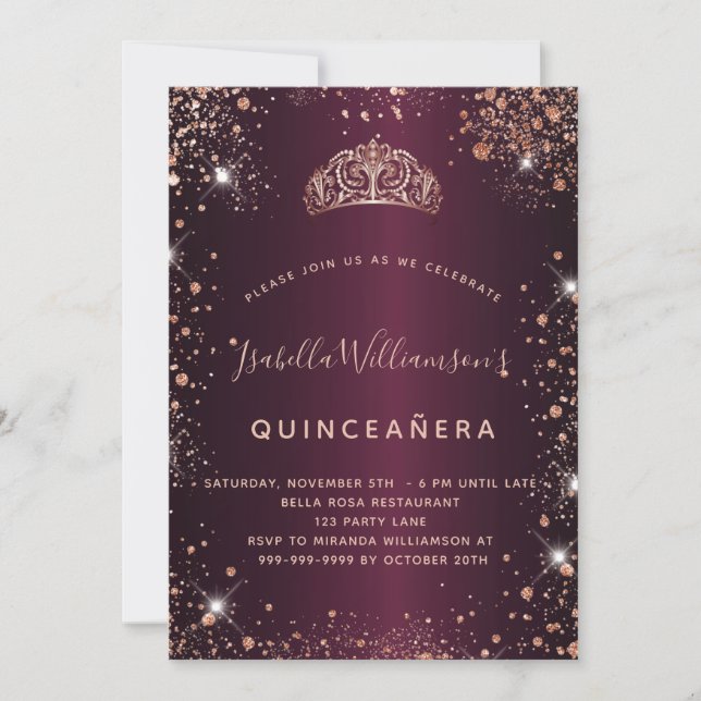 Quinceanera burgundy rose gold tiara invitation (Front)