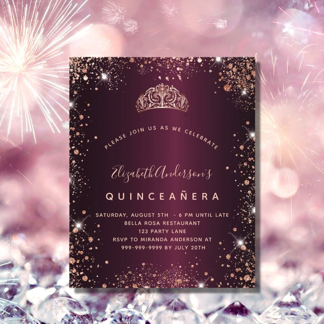 Quinceanera burgundy rose gold tiara invitation flyer (Creator Uploaded)