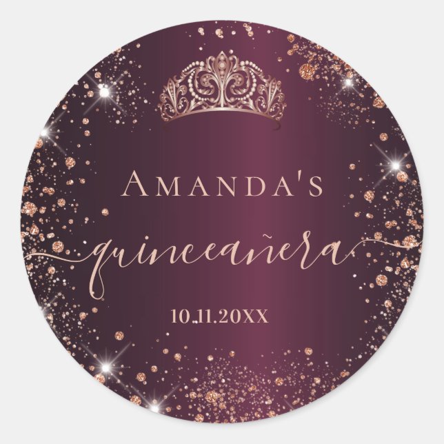 Quinceanera burgundy rose gold tiara name script classic round sticker (Front)
