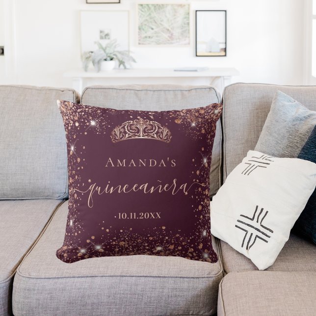 Quinceanera burgundy rose gold tiara name script cushion (Creator Uploaded)