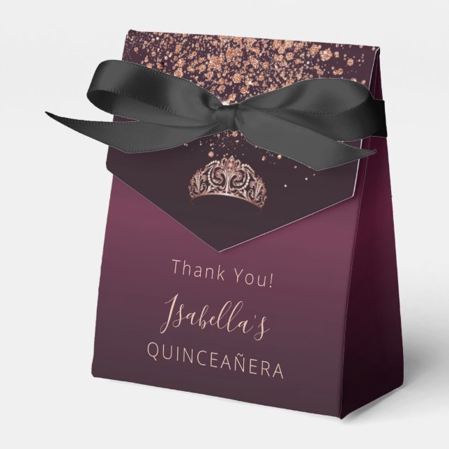 Quinceañera burgundy rose gold tiara thank you favour box (Front Side)