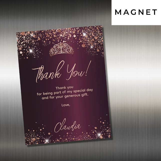 Quinceanera burgundy rose magnet thank you card (Creator Uploaded)
