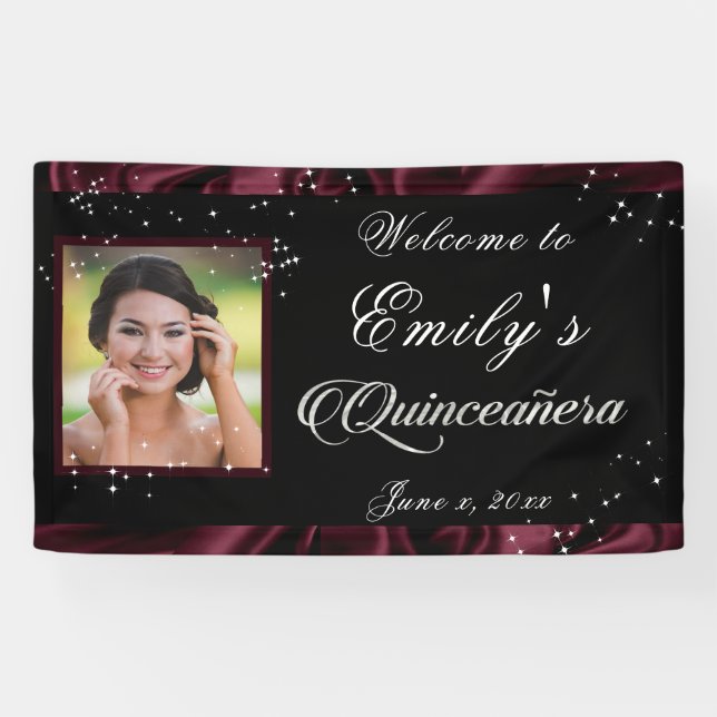 Quinceanera Burgundy Satin Ribbon Shining Stars, Banner (Horizontal)