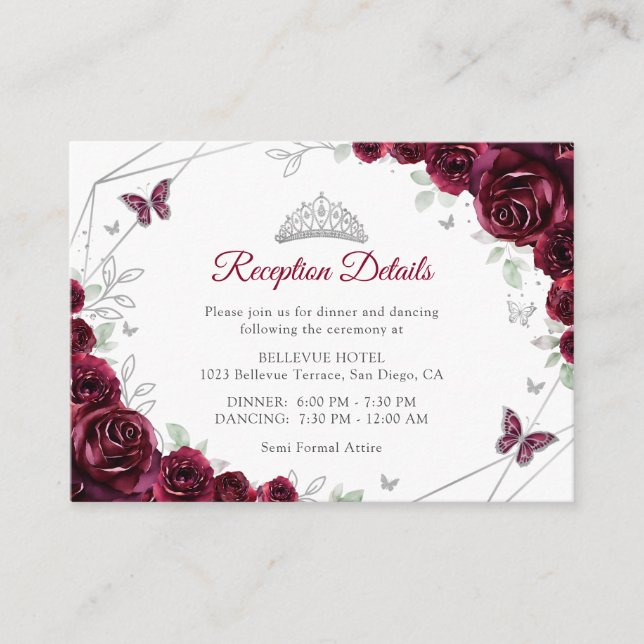 Quinceanera Burgundy Silver Floral Details Enclosure Card (Front)