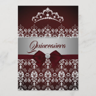 Quinceanera Burgundy Sparkle Diamond Tiara Bow Invitation
