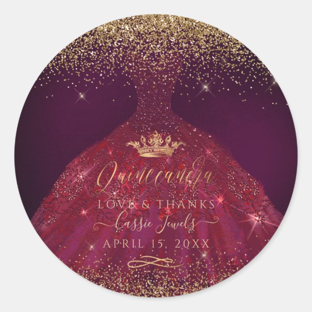 Quinceañera Burgundy Sparkle Gown Classic Round Sticker (Front)