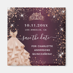 Quinceanera burgundy tiara dress save the date magnet