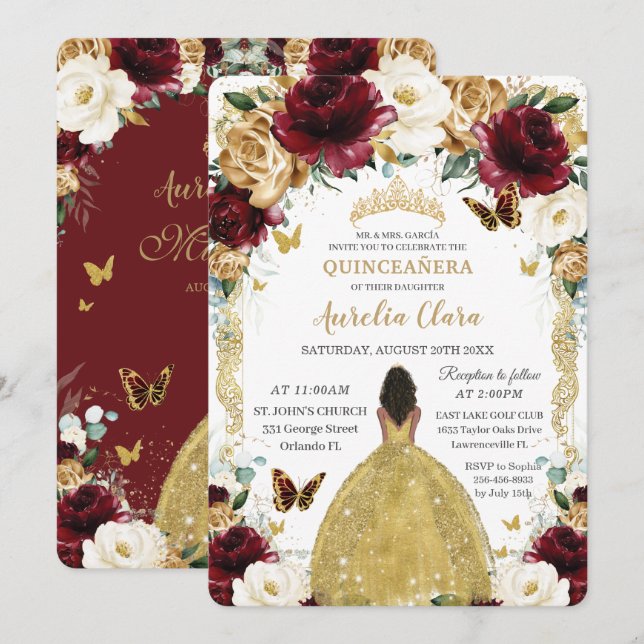Quinceañera Burgundy White Gold Floral Brown Girl Invitation (Front/Back)