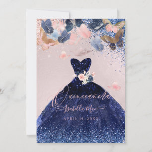Quinceanera Butterflies Blush Navy Glitter Gown Invitation