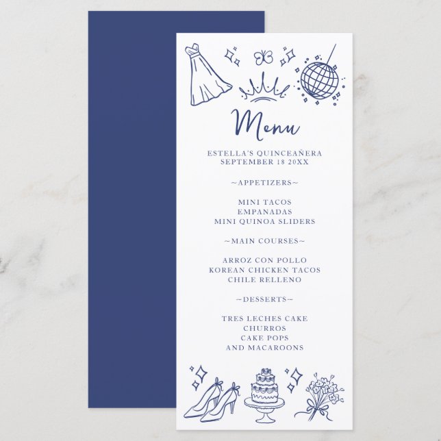 Quinceanera Butterflies Floral Modern Blue White Menu (Front/Back)