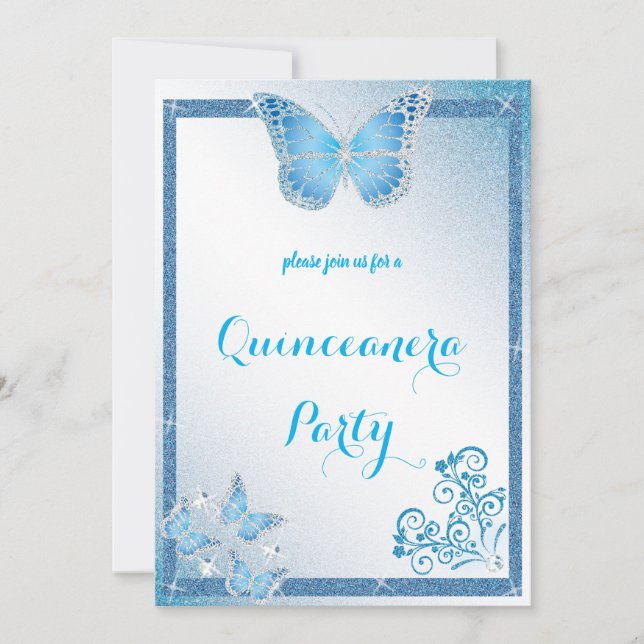 quinceanera butterfly blue glitter elegant diamond invitation (Front)
