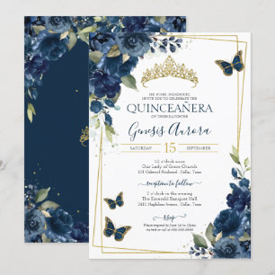 Quinceañera Butterfly Blue Watercolor Floral Invitation