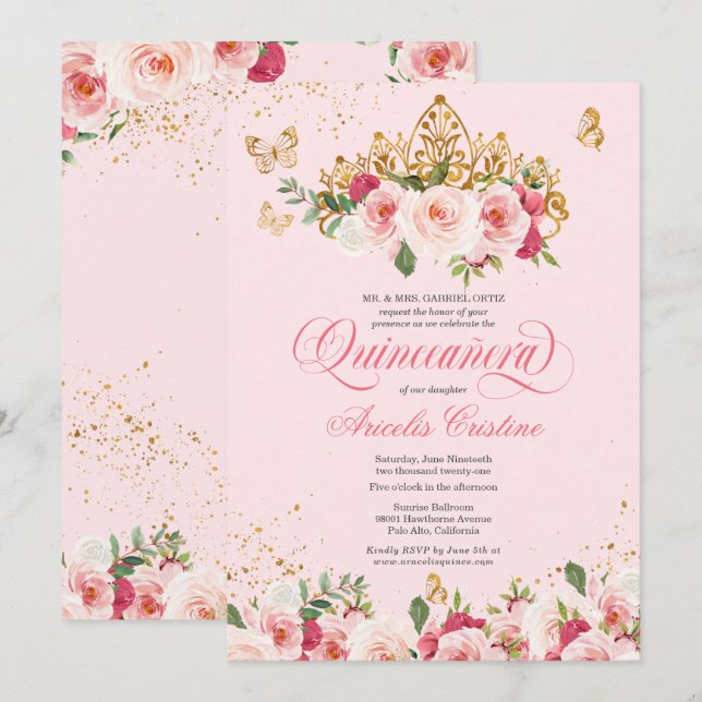 Quinceañera Butterfly & Blush Pink Watercolor Rose Invitation (Front/Back)