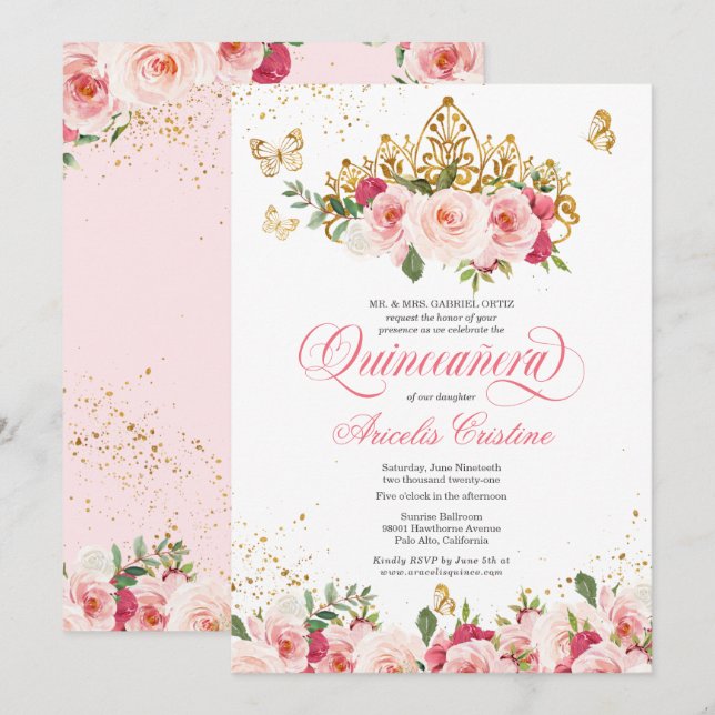 Quinceañera Butterfly & Blush Pink Watercolor Rose Invitation (Front/Back)