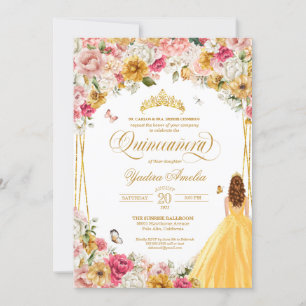 Quinceanera Butterfly Blush Pink Yellow Florals Invitation