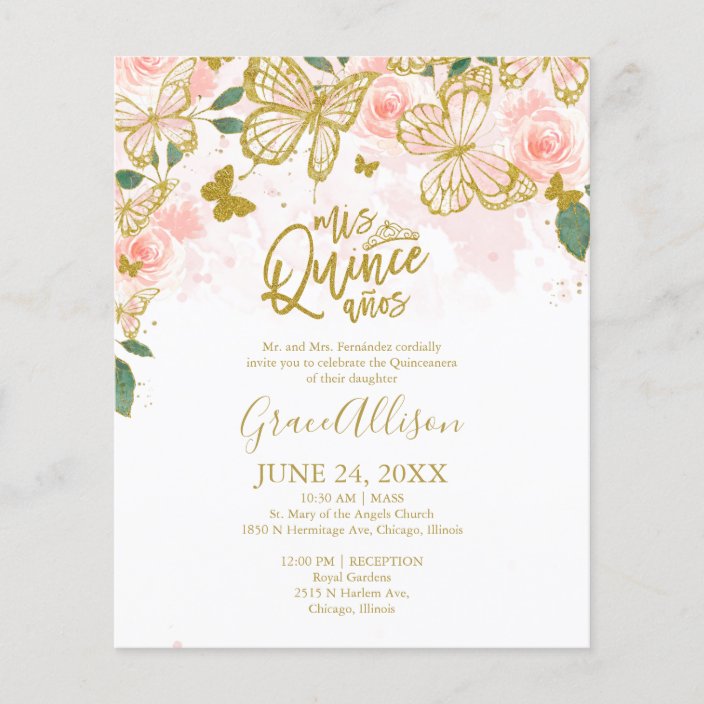 Quinceanera Butterfly Budget Invitation Bilingual Zazzle.co.uk