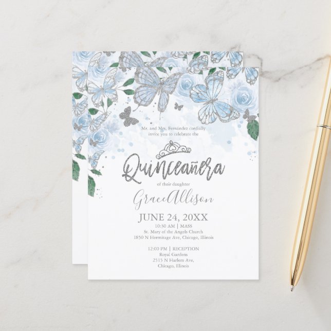 Quinceanera Butterfly Budget Invitation English (Front/Back In Situ)