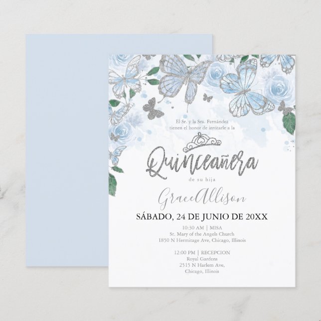 Quinceanera Butterfly Budget Invitation - Spanish (Front/Back)
