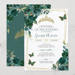 Quinceañera Butterfly Emerald Green Elegant Invitation