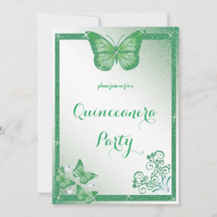 quinceanera butterfly green glitter elegant invitation