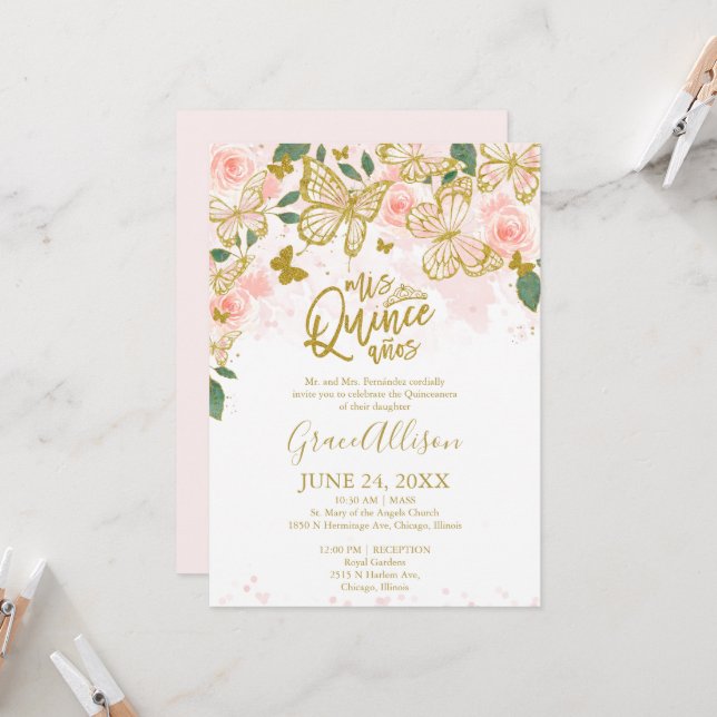 Quinceanera Butterfly Invitation English Wording  (Front/Back In Situ)