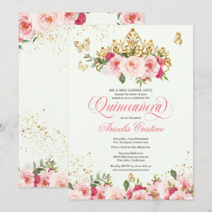Quinceañera Butterfly Mint & Pink Watercolor Rose Invitation