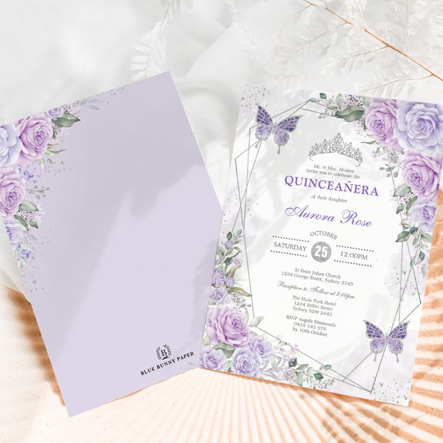 Quinceañera Butterfly Purple Lilac Silver Floral Invitation (Creator Uploaded)