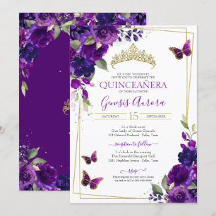 Quinceañera Butterfly Purple Watercolor Floral Invitation