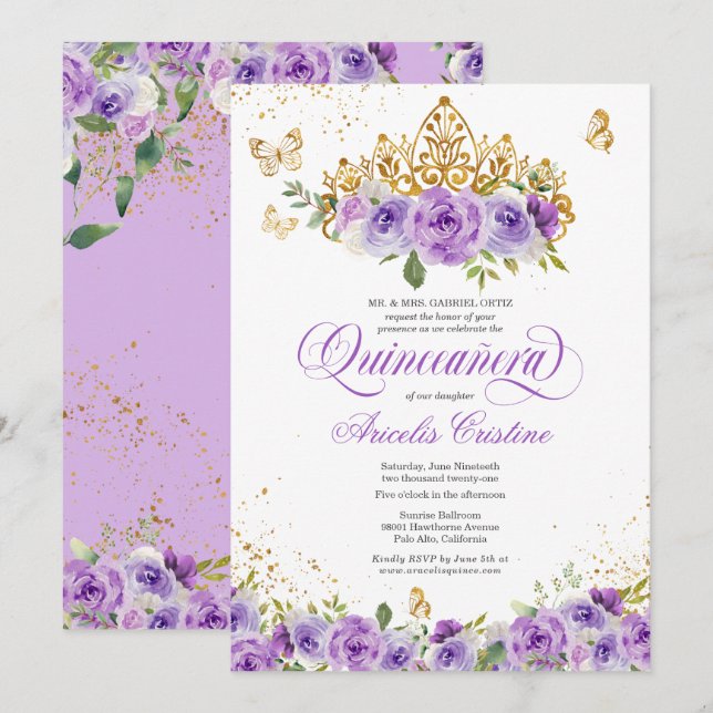 Quinceañera Butterfly & Purple Watercolor Flowers  Invitation (Front/Back)