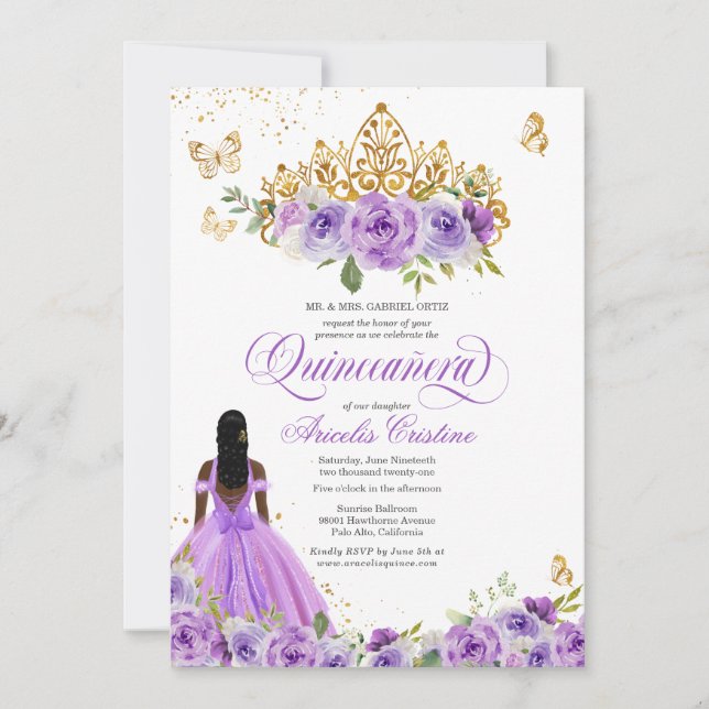 Quinceañera Butterfly & Purple Watercolor Flowers Invitation (Front)