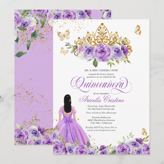 Quinceañera Butterfly & Purple Watercolor Flowers  Invitation (Front/Back)
