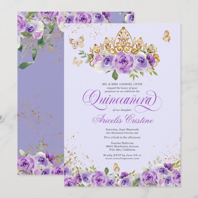 Quinceañera Butterfly & Purple Watercolor Flowers  Invitation (Front/Back)