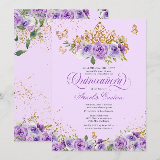 Quinceañera Butterfly & Purple Watercolor Flowers  Invitation (Front/Back)