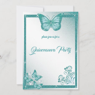 quinceanera butterfly turquoise glitter elegant invitation