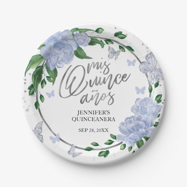 Quinceanera Butterflys Dusty Blue Gown Paper Plate (Front)