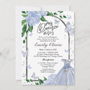 Quinceanera Butterflys Dusty Blue Gown Spanish Invitation