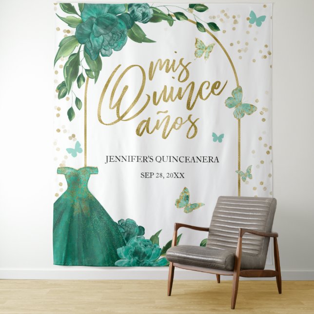 Quinceanera Butterflys Emerald Green Gown Backdrop Tapestry (In Situ)