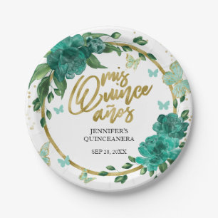 Quinceanera Butterflys Emerald Green Gown Paper Plate