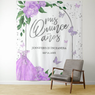Quinceanera Butterflys Lavender Gown Backdrop Tapestry