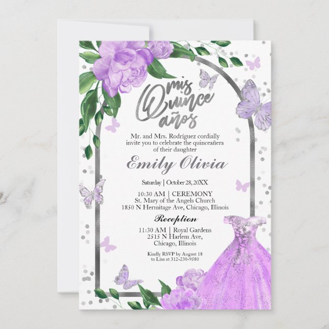 Quinceanera Butterflys Lavender Gown Invitation (Front)