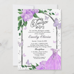 Quinceanera Butterflys Lavender Gown Invitation