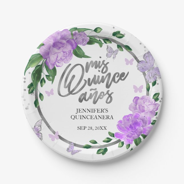 Quinceanera Butterflys Lavender Gown Paper Plate (Front)