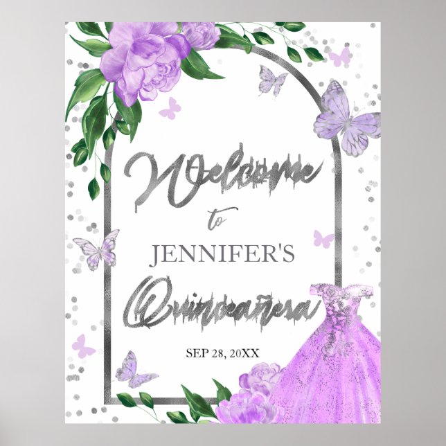 Quinceanera Butterflys Lavender Welcome Sign (Front)