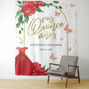 Quinceanera Butterflys Red Gown Backdrop Tapestry